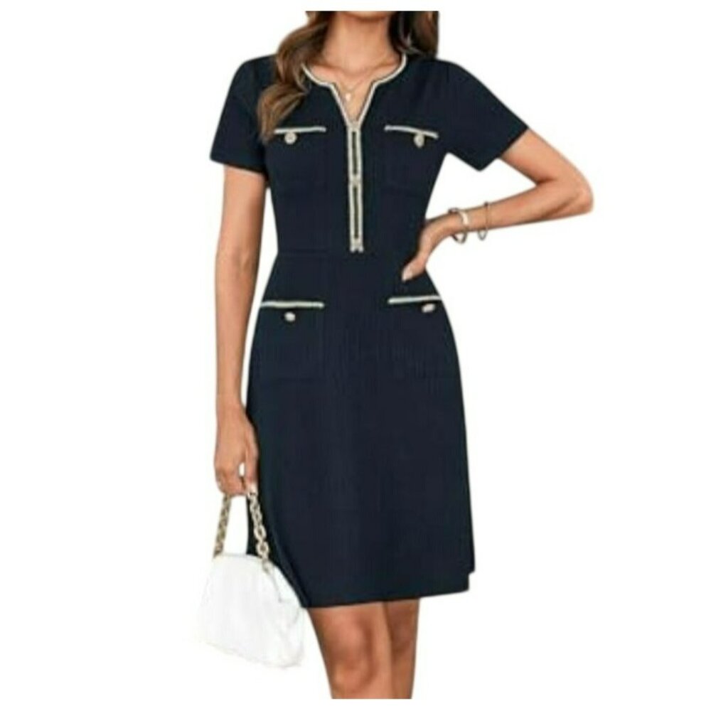Grace Karin Midi Dress Gold Button Details Pockets Ribbed Texture Sz M
